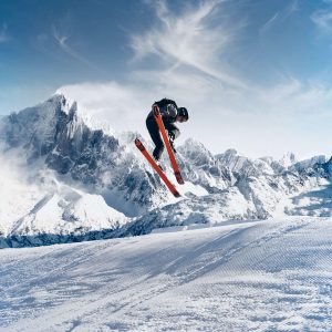 man jumping on skis in new piste in the portes du soleil