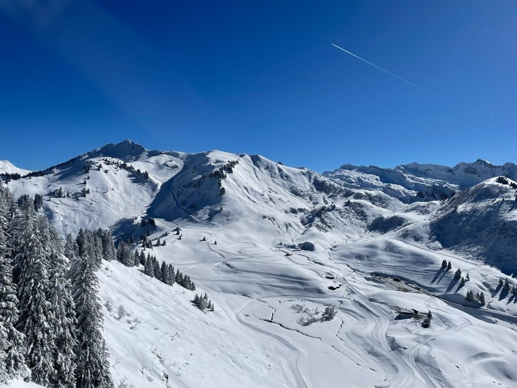 snow landscape with skiing in france